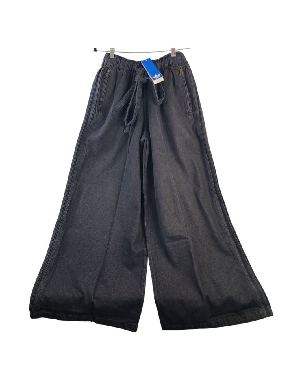 Adidas Women Originals Black Wide-Leg Denim Pants Tie Waist & Zip Pockets Sz 4